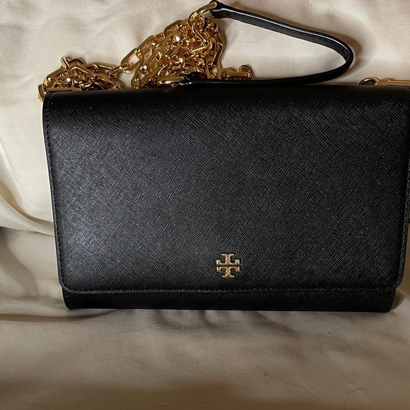 Tory Burch Black Leather Crossbody / Clutch Bag Tasteful Glitter Dressy Holiday